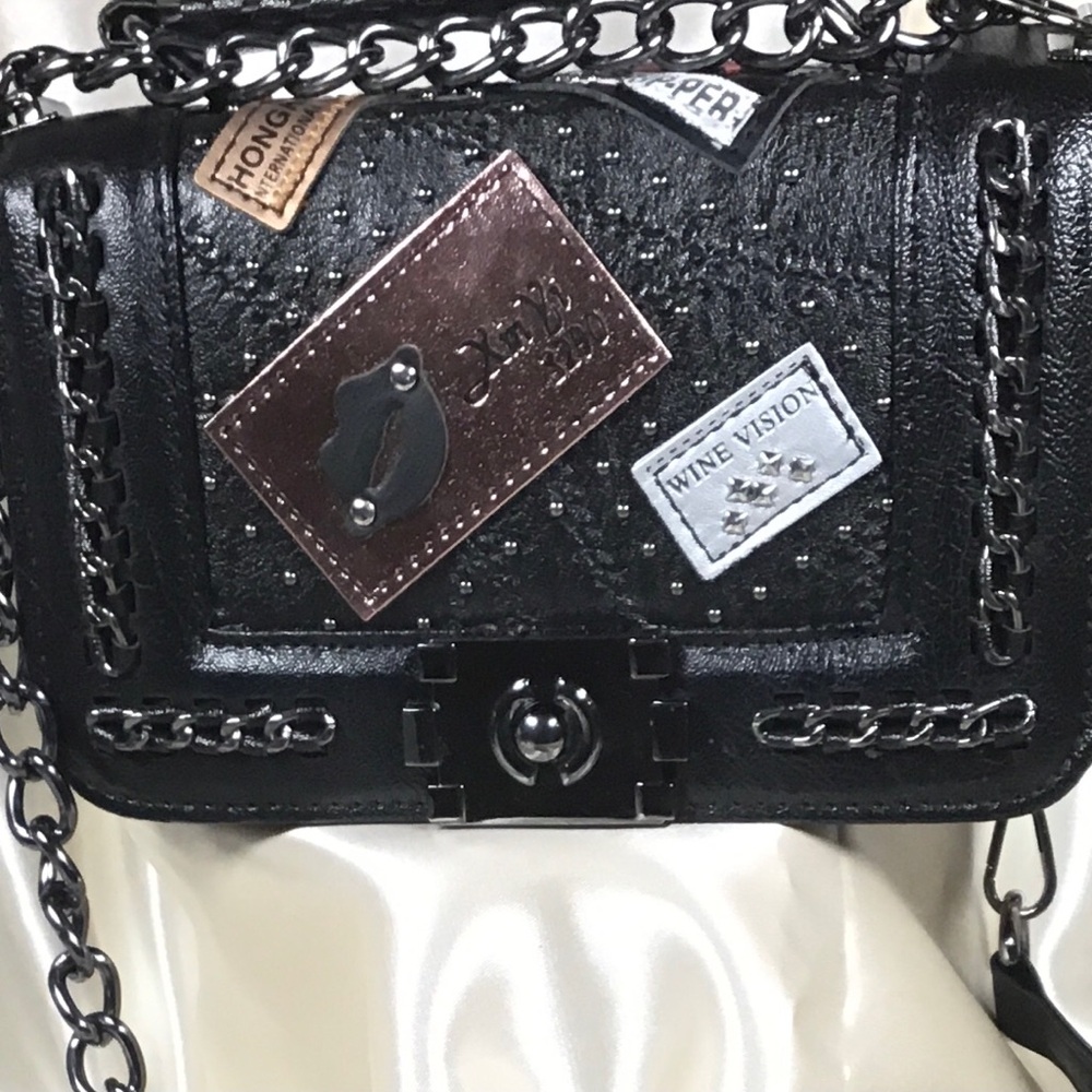 Black Leather Travel Purse Crossbody Sturdy Chain Strap Long and Short Handles